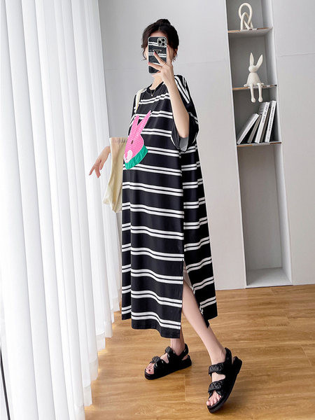 Ženska prugasta haljina s vezom za trudnice