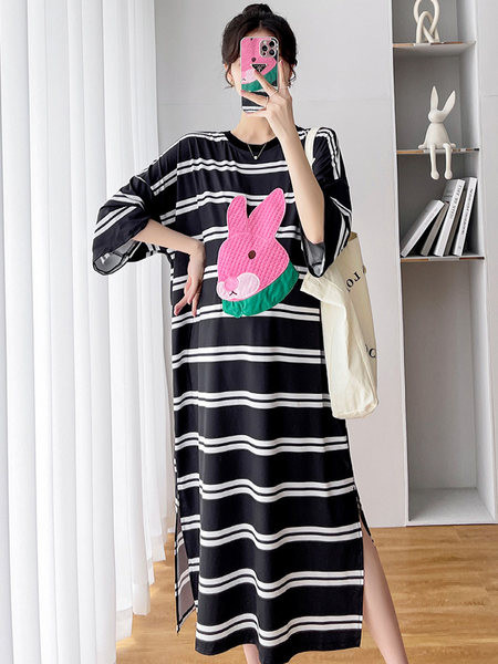 Ženska prugasta haljina s vezom za trudnice