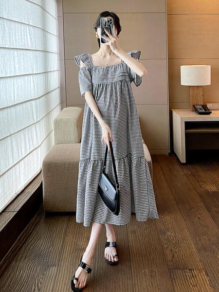 Ženska ležerna haljina za trudnice s otvorenim ramenima i četvrtastim izrezom