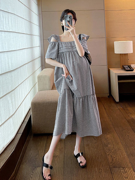 Ženska ležerna haljina za trudnice s otvorenim ramenima i četvrtastim izrezom