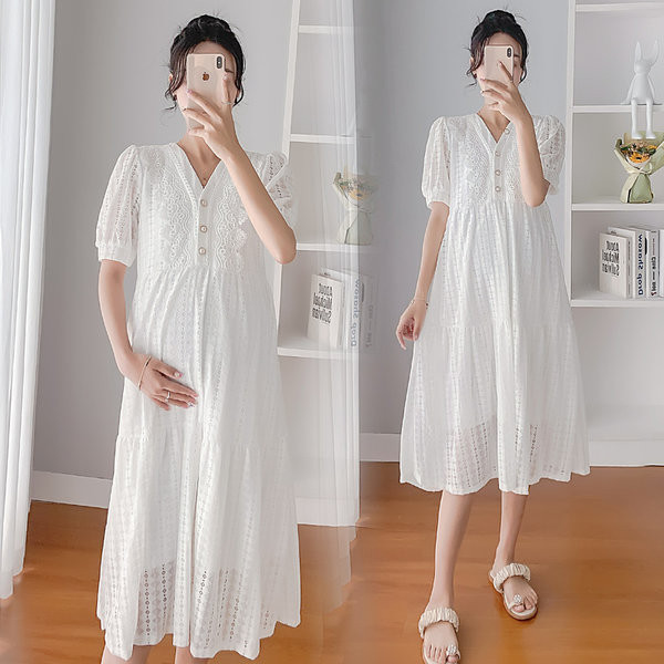 Ljetna haljina od čipke s vezom i gumbima za trudnice