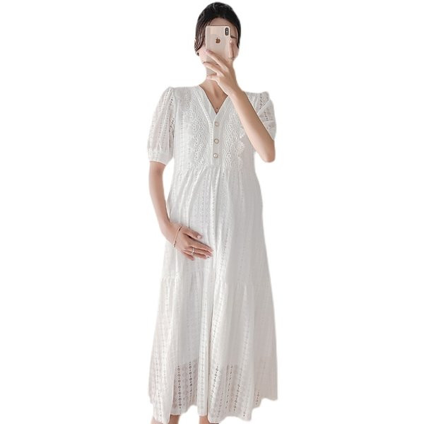 Ljetna haljina od čipke s vezom i gumbima za trudnice