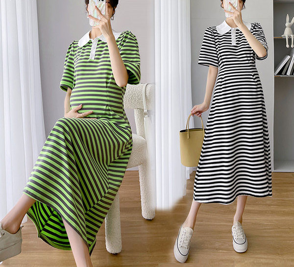 Ženska haljina s prugastim ovratnikom za trudnice