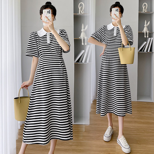 Ženska haljina s prugastim ovratnikom za trudnice