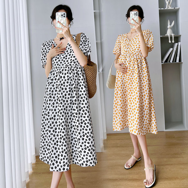 Naujo modelio moteriška kirpimo suknelė su gėlių raštu nėščiosioms