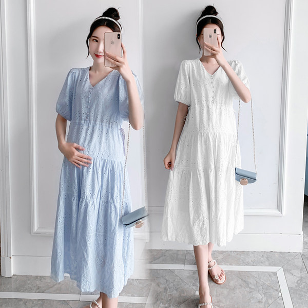 Ženska ljetna haljina na dugmad za trudnice - bijela i plava boja