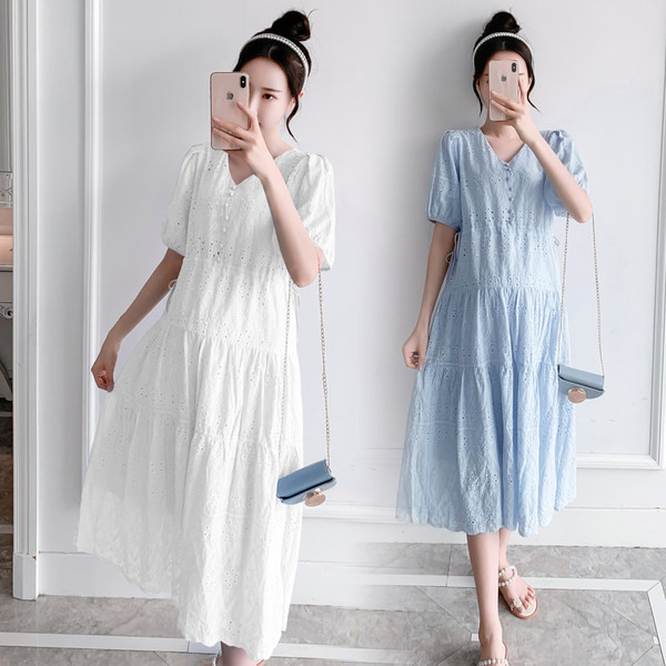 Ženska ljetna haljina na dugmad za trudnice - bijela i plava boja