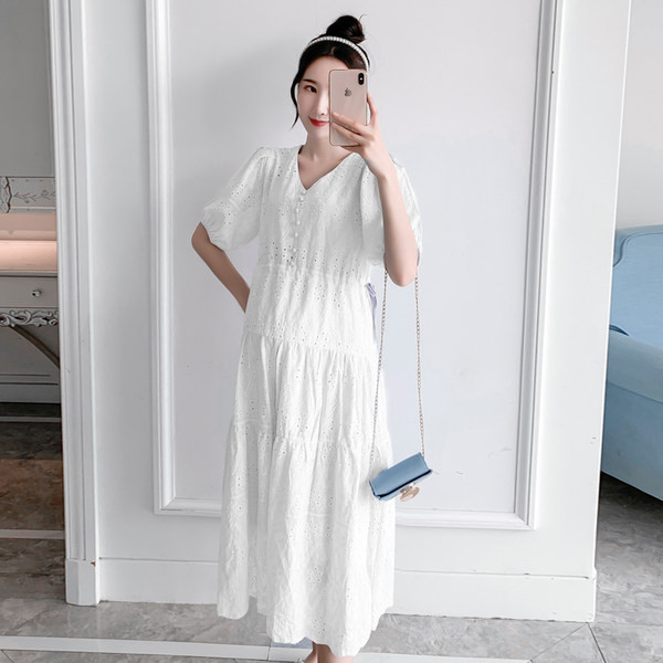 Ženska ljetna haljina na dugmad za trudnice - bijela i plava boja