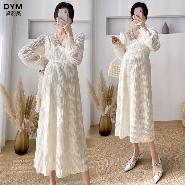 Čipkana trudnička haljina s V-izrezom i dugim rukavima