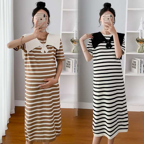 Ženska prugasta haljina za trudnice kratkih rukava