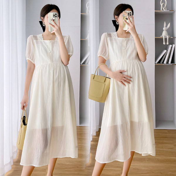 Dugačka trudnička haljina s postavom i četvrtastim izrezom