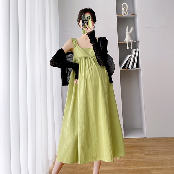 Дълга лятна рокля за бременни с квадратно деколте 