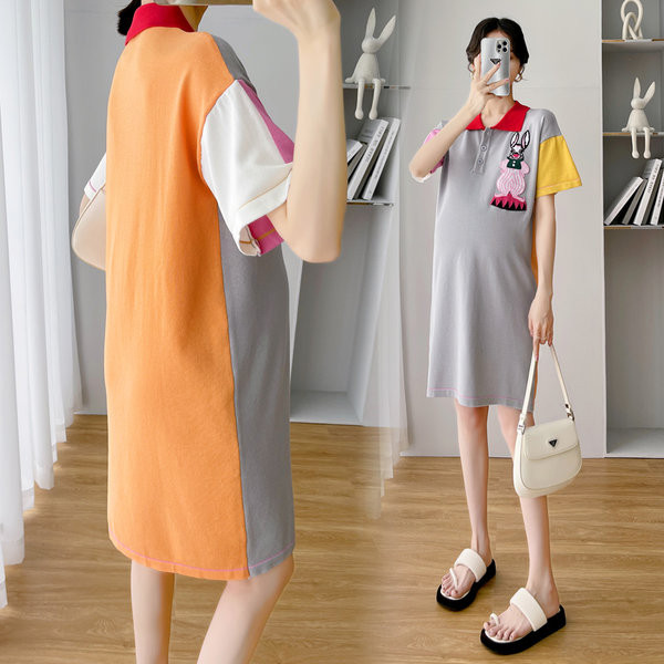 Ljetna pamučna haljina sa šarenim vezom za trudnice