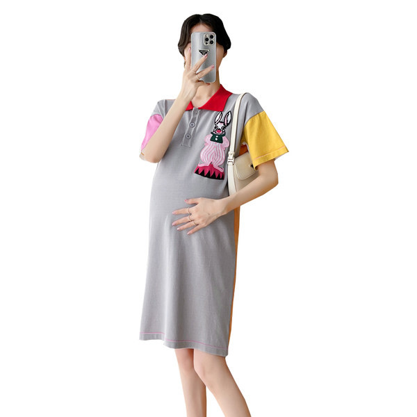 Ljetna pamučna haljina sa šarenim vezom za trudnice