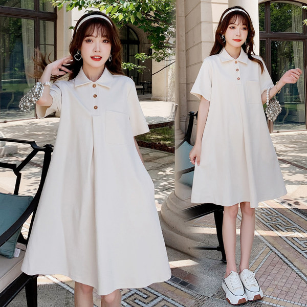 Ljetna trudnička haljina s klasičnim ovratnikom i gumbima
