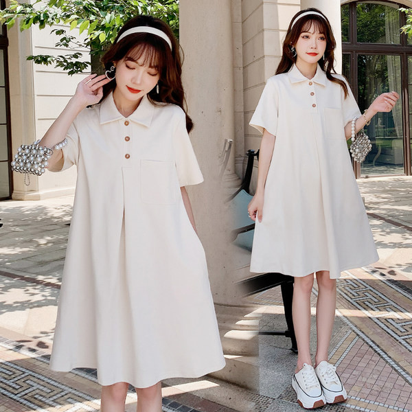 Ljetna trudnička haljina s klasičnim ovratnikom i gumbima
