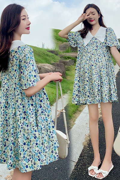 Sieviešu īsā kleita ar smailu kakla izgriezumu, piemērota grūtniecēm