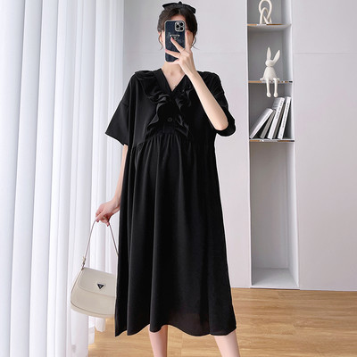 Γυναικείο φαρδύ φόρεμα με λαιμόκοψη και βολάν, κατάλληλο για εγκύους