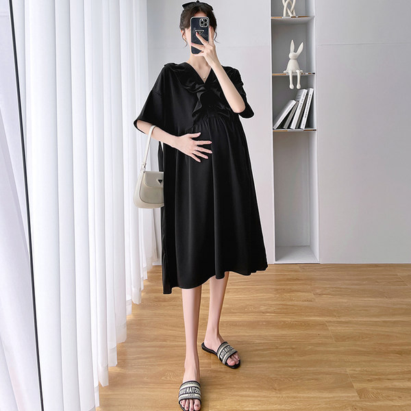 Γυναικείο φαρδύ φόρεμα με λαιμόκοψη και βολάν, κατάλληλο για εγκύους