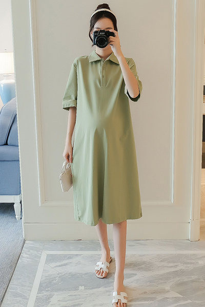 Pregnant women summer suits short -sleeved T -shirt top, summer fashion lapel loose pure cotton dress summer long skirt