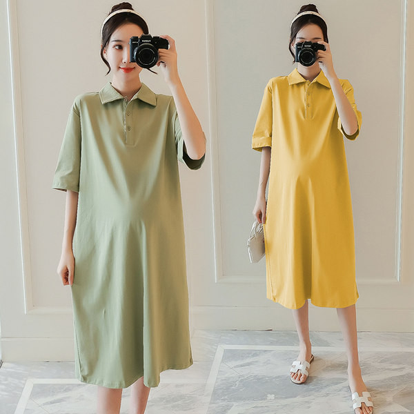 Pregnant women summer suits short -sleeved T -shirt top, summer fashion lapel loose pure cotton dress summer long skirt