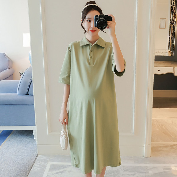 Pregnant women summer suits short -sleeved T -shirt top, summer fashion lapel loose pure cotton dress summer long skirt