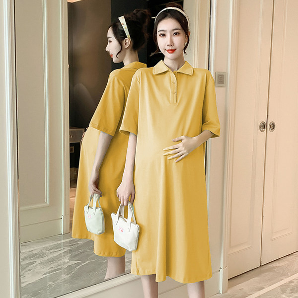 Pregnant women summer suits short -sleeved T -shirt top, summer fashion lapel loose pure cotton dress summer long skirt