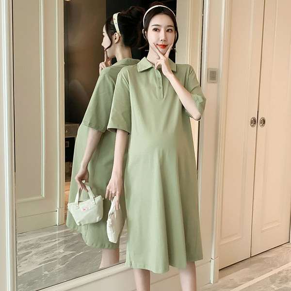 Pregnant women summer suits short -sleeved T -shirt top, summer fashion lapel loose pure cotton dress summer long skirt