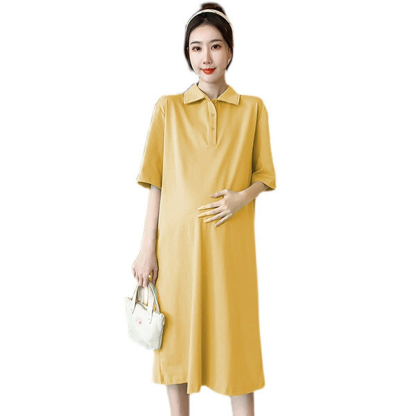Pregnant women summer suits short -sleeved T -shirt top, summer fashion lapel loose pure cotton dress summer long skirt