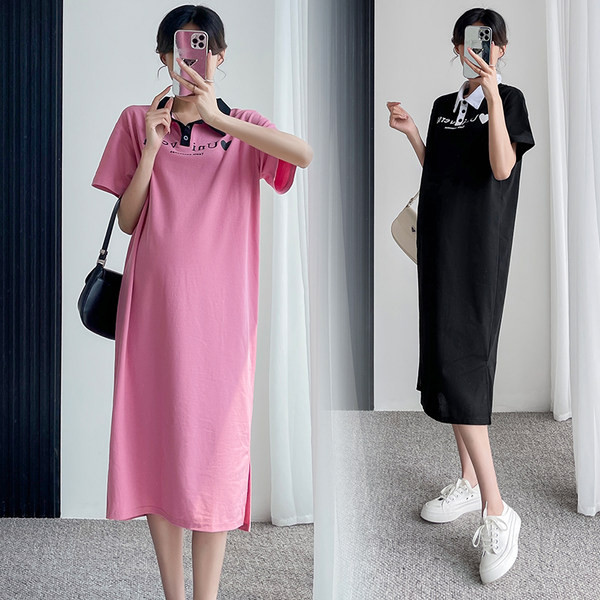 Φαρδύ μακρύ ίσιο φόρεμα με σκίσιμο και κλασικό γιακά για εγκυμοσύνη