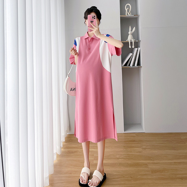 Καλοκαιρινό  βαμβακερό φόρεμα εγκυμοσύνης με κοντό μανίκι και κουμπιά