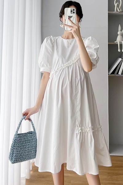 Ежедневна широка рокля за бременни с буфан ръкави