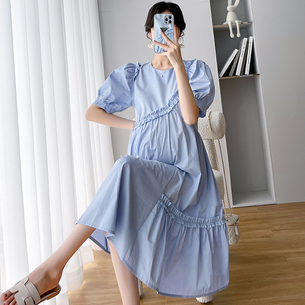 Ежедневна широка рокля за бременни с буфан ръкави