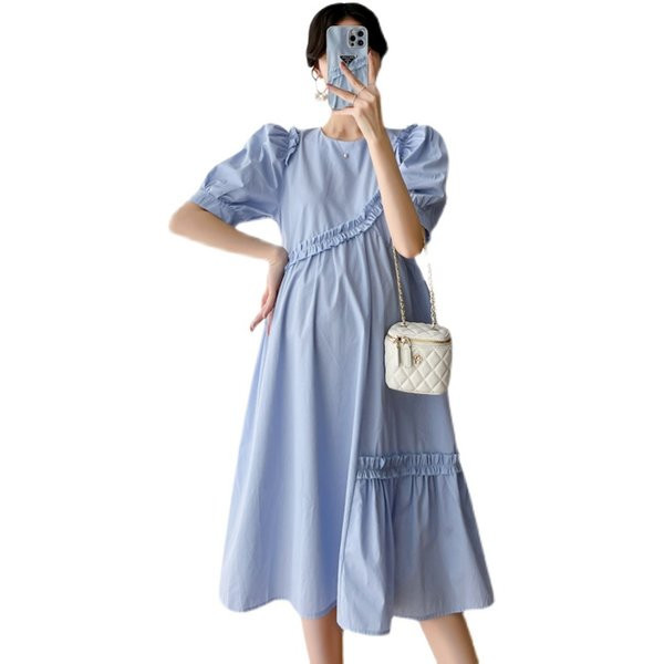 Ежедневна широка рокля за бременни с буфан ръкави