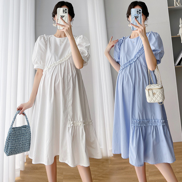 Ежедневна широка рокля за бременни с буфан ръкави