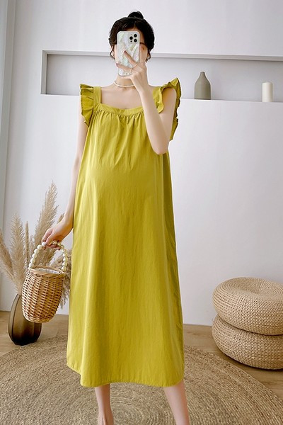 Nėščios moters vasariniai rūbai vasariškai madingi mediniai ausų raišteliai per kelius laisvai berankove nėščiųjų suknelė vasarinis sijonas