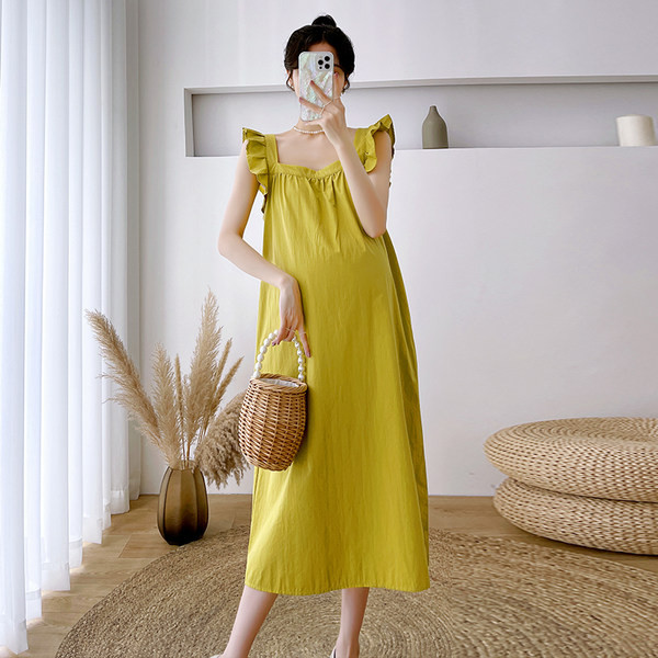 Nėščios moters vasariniai rūbai vasariškai madingi mediniai ausų raišteliai per kelius laisvai berankove nėščiųjų suknelė vasarinis sijonas