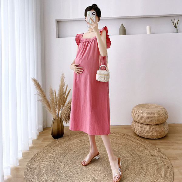 Nėščios moters vasariniai rūbai vasariškai madingi mediniai ausų raišteliai per kelius laisvai berankove nėščiųjų suknelė vasarinis sijonas