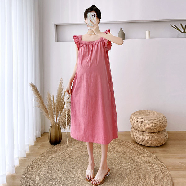 Nėščios moters vasariniai rūbai vasariškai madingi mediniai ausų raišteliai per kelius laisvai berankove nėščiųjų suknelė vasarinis sijonas