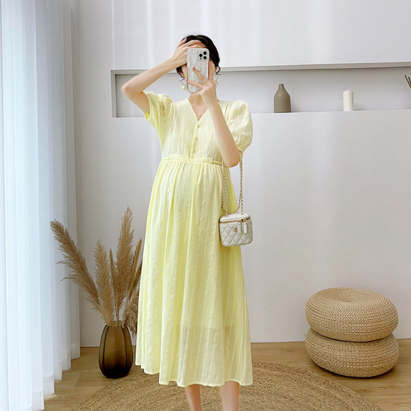 Ikdienas grūtnieču kleita ar īsām piedurknēm ar saitēm viduklī