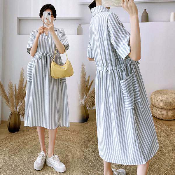 Sieviešu svītraina V veida kakla izgriezuma grūtnieču kleita