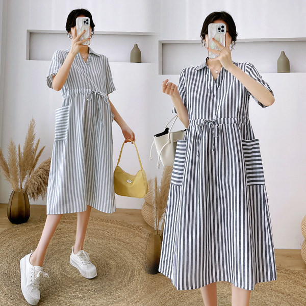 Sieviešu svītraina V veida kakla izgriezuma grūtnieču kleita