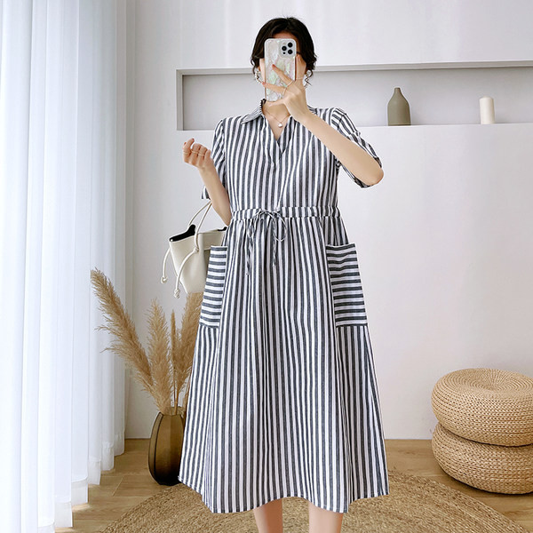 Sieviešu svītraina V veida kakla izgriezuma grūtnieču kleita