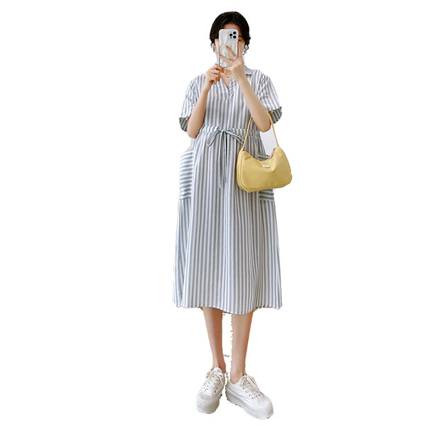 Sieviešu svītraina V veida kakla izgriezuma grūtnieču kleita