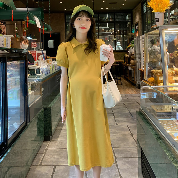 Casual μακρύ φόρεμα εγκυμοσύνης με κλασικό γιακά και κουμπιά