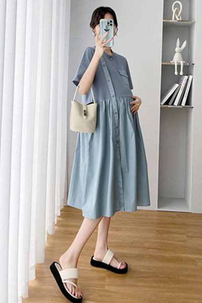 Vasaras kleita piegriezuma rakstā ar asimetrisku aizdari grūtniecēm