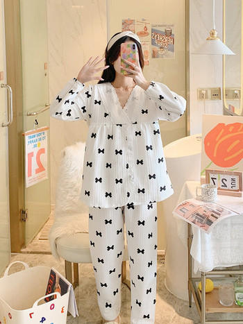 Памучна пижама с дълъг ръкав за бременни