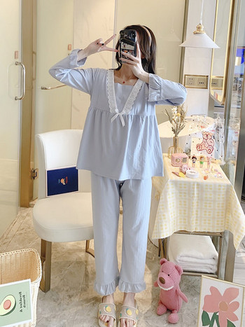 Свободна пижама за бременни от две части с бродерия и панделка 