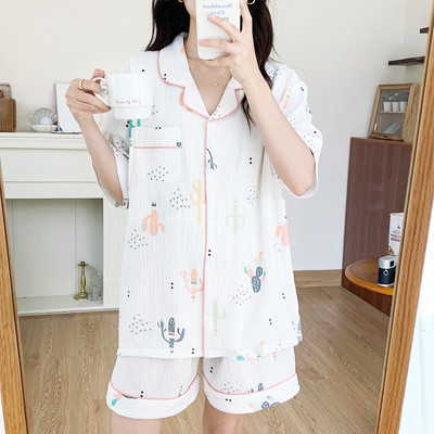 Γυναικεία βαμβακερή πιτζάμες εγκυμοσύνης με κουμπιά - κοντά μανίκια