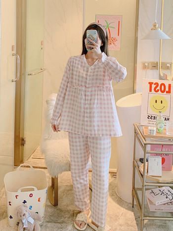 Лятна пижама за бременни от две части с дълъг ръкав и къдри 